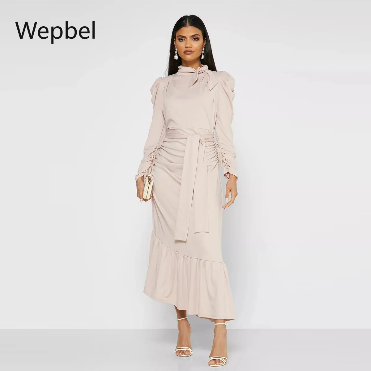 

WEPBEL Middle East Women Muslim Abaya Pleated Long Sleeve High Waist Maxi Dress Irregular Hem Muslim Dress Solid Color Robe