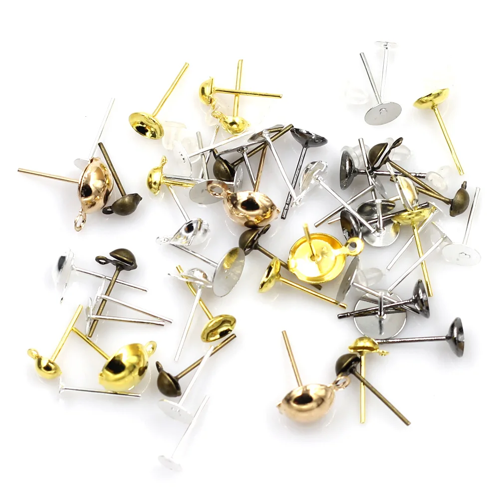 

200Sets Stud Earrings Post With Rubber Stoppers Plat Bowl Shape Silver Bronze Gunmetal Color Jewelry DIY Making Accessories