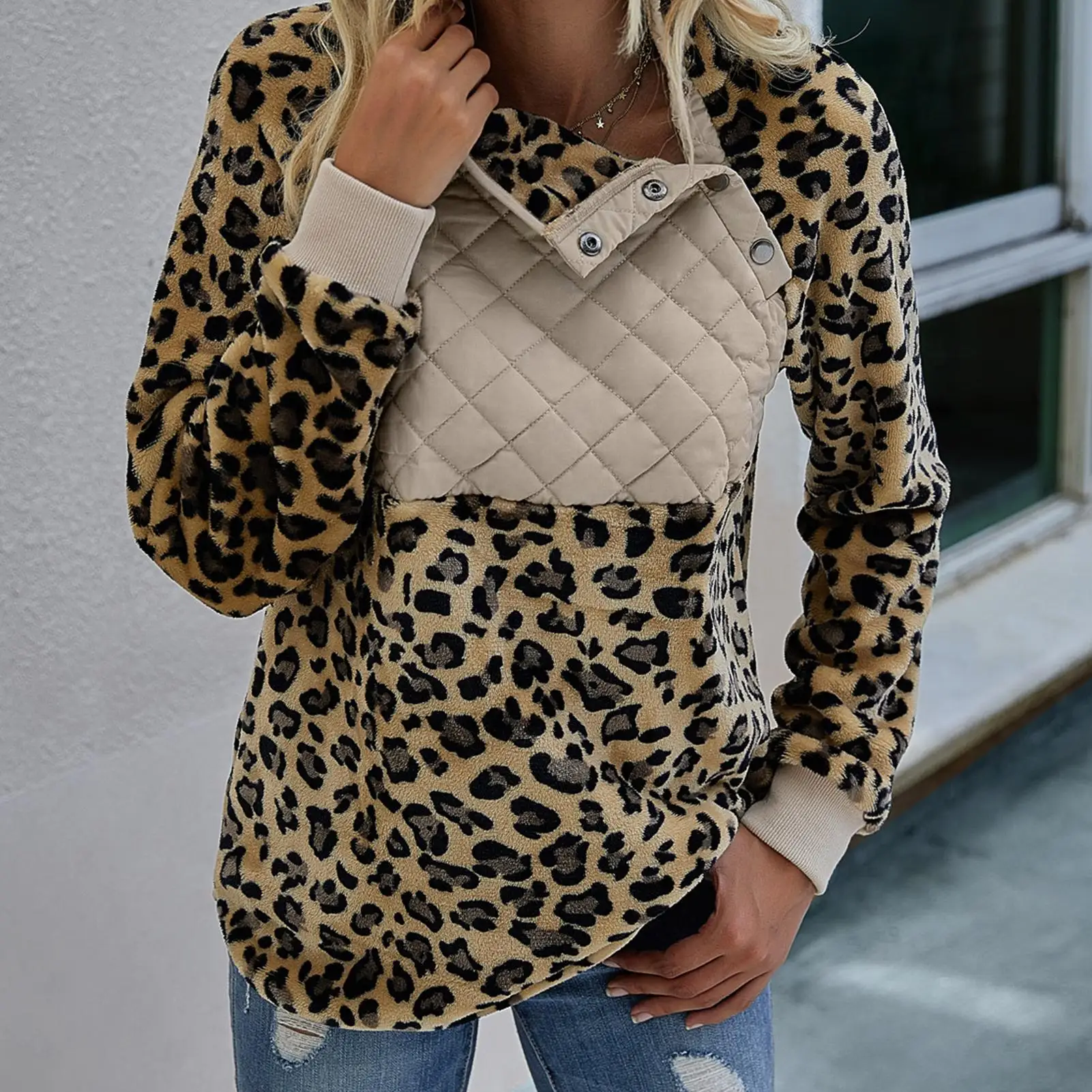 

Women Long Sleeve Leopard Plush Pullover Oblique Button Neck Warm Sweatshirt