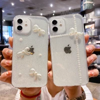 jwmove cute bow pearl rose phone case for iphone 13 12 11 pro xs max xr x 8 7 plus se 2022 sequins soft shockproof cover