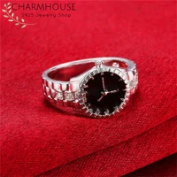 new sterling 925 silver rings for women 10mm decoration watch finger ring size 6 7 8 9 wedding band engagement jewelry bijoux