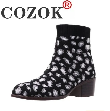 

Women's Leopard Ankle Boot Knitting Woman Sock Boots Fashion Autumn Female Block Chunky Heels Comfortable Ladies Short Botas