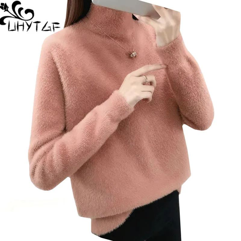 

UHYTGF Mink Cashmere Knit Sweater Women Warm Autumn Winter Sweater Coats Elasticity Pullover Loose Big Size Sweater Female 1136