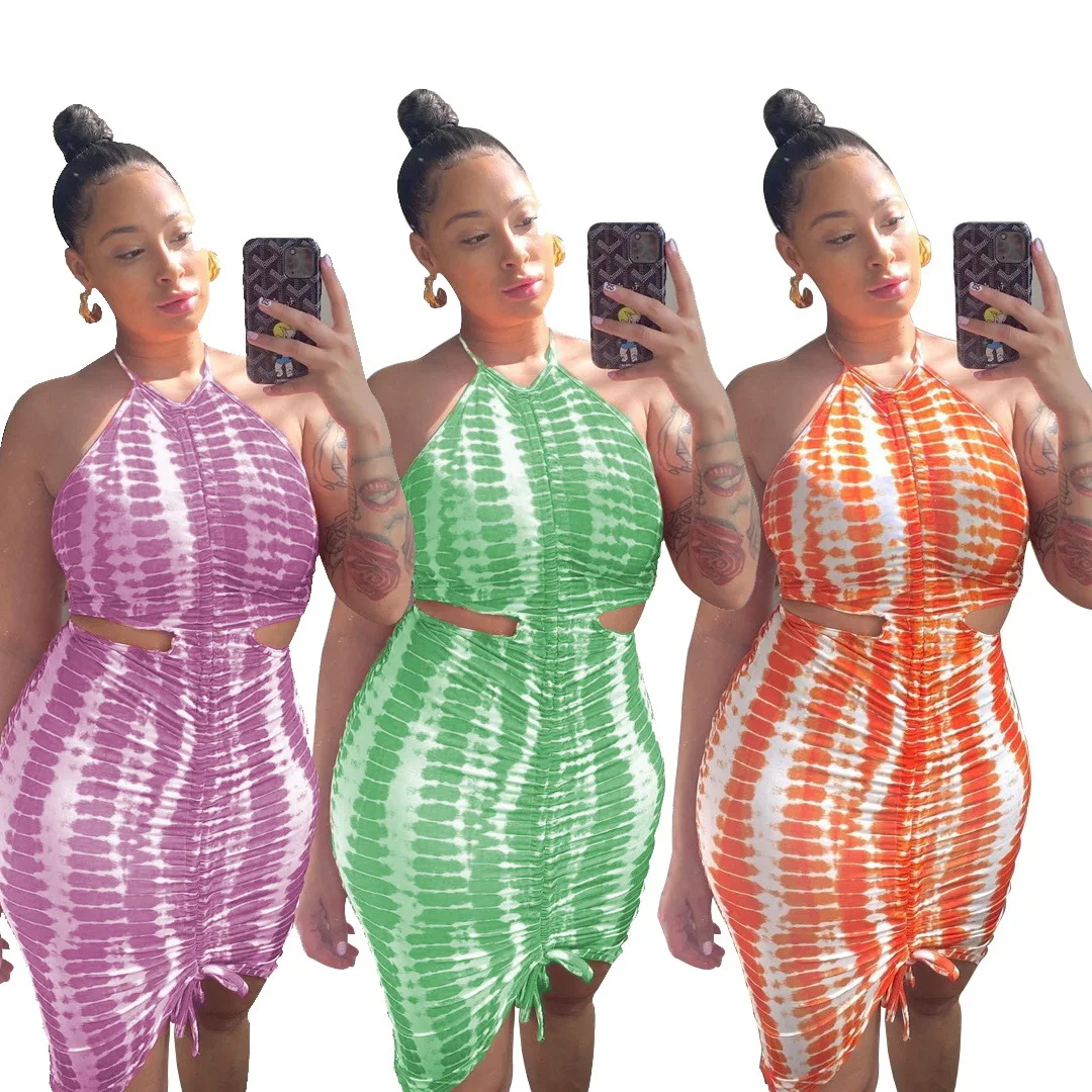 

2021 Summer Women Sexy Striped Printing Dresses Clubwear Halter Sleeveless Backless Hollow Out Bodycon Shirring Lace-up Dress