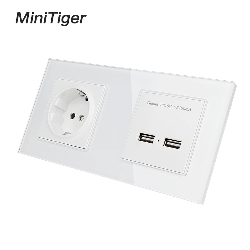 Настенная розетка из хрустального стекла Minitiger 2 клавиши заземленная 16 А