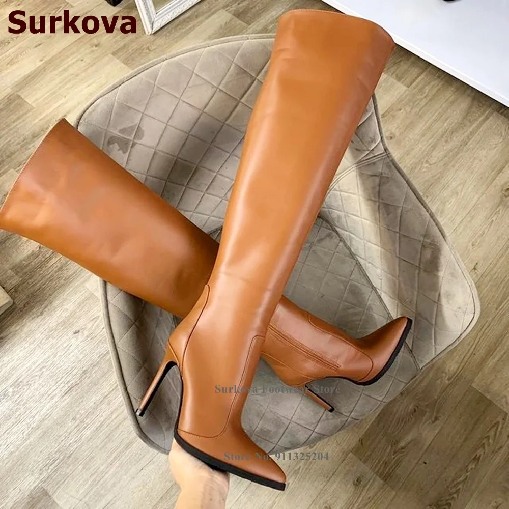Женские сапоги выше колена с острым носком Surkova коричневые матовые на тонком