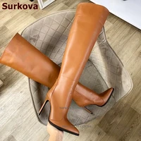 surkova unique design brown matte over the knee boots thin high heels pointy toe thigh high boots women fall winter runway shoes
