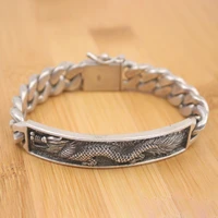 pure 925 sterling silver bangle bracelet 13 5mm width long striped dragon curb link chain bracelet 68 69g for man