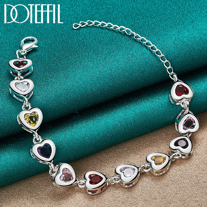 

DOTEFFIL 925 Sterling Silver Heart inlaid With Multi-color AAA Zircon Bracelet Chain For Woman Engagement Party Wedding Jewelry