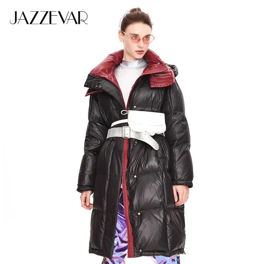 JAZZEVAR 2019 Зима новое поступление женский пуховик темно синего цвета с капюшоном