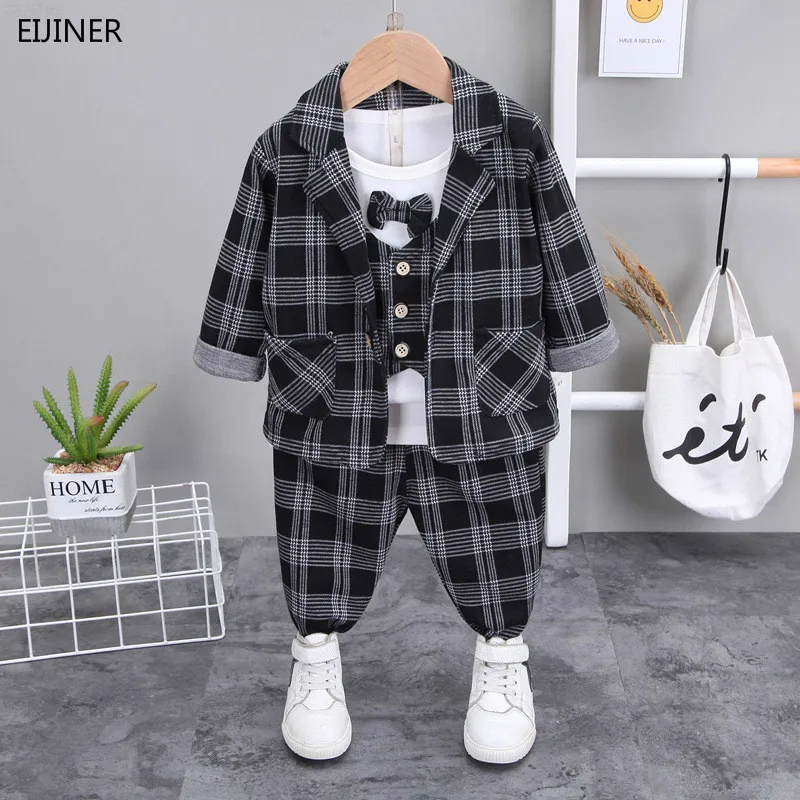 

2021 New Gentleman Infant Boys Clothing Autumn Spring Long Sleeve Baby Boys Clothes Plaid Coat+T-shirt+Pant Kids Boys Suit Set