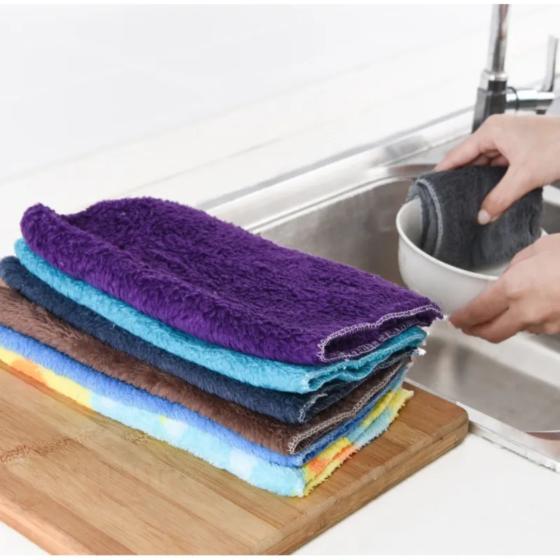 1 Pc Fiber Dish Cloth Color Microfiber Coral Velvet Super Absorbent Wash Towel Dry And Wet Kitchen Household Cleaning Cloth