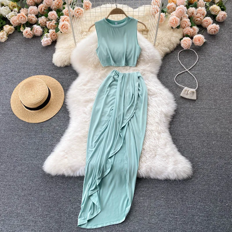 

Summer Women Green Crop Top Long Ruffle Maxi Skirts Two Piece Set Party Club Wear Sexy Split Skirt Sets Casual Clothing 2021 New