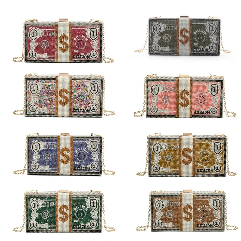 

Money Clutch Rhinestone Purse 10000 Dollars Stack of Cash Evening Handbags X7YA