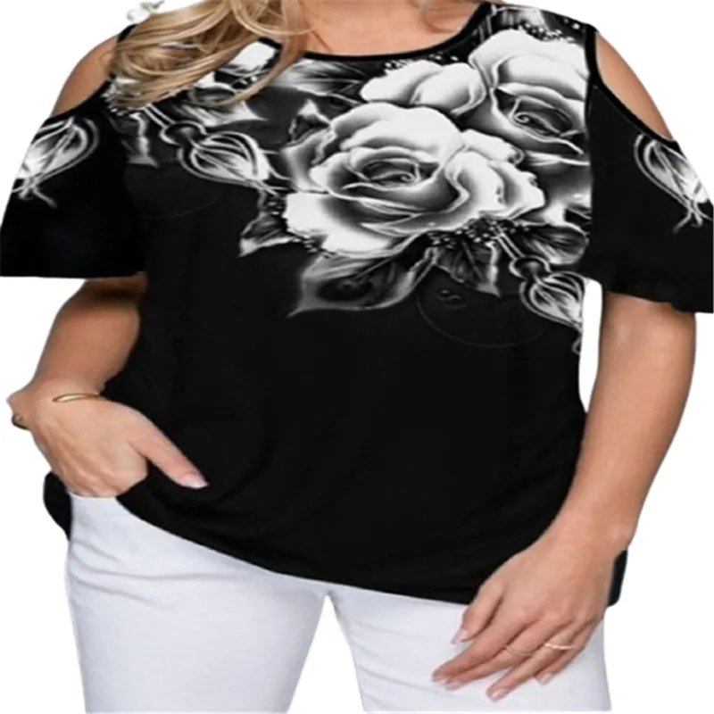 4XL 5XL Large Size Sexy Off Shoulder Ladies T shirt Casual Summer Loose Female Tee Shirt Floral Print Plus Size Women Tshirt Top