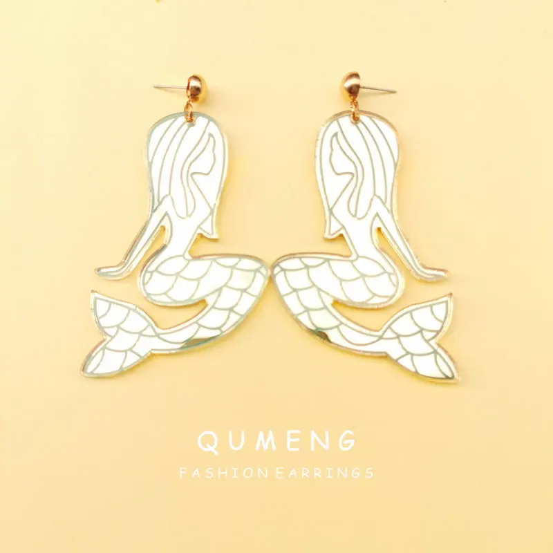 Женские акриловые серьги QUMENG, золотистые вечерние Ги-гвоздики с изображением русалки в Корейском стиле, 2020