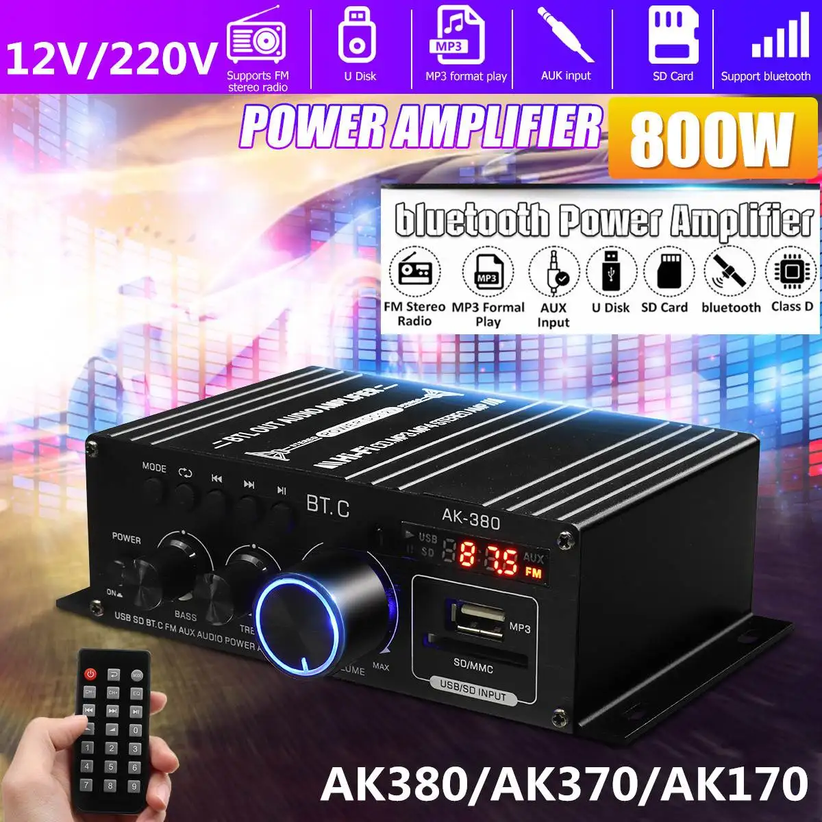 

AK380/AK370/AK170 400W*2 2 Channel bluetooth HiFi Power Amplifier Home Car Audio Class D Remote Control FM Radio AUX USB/SD