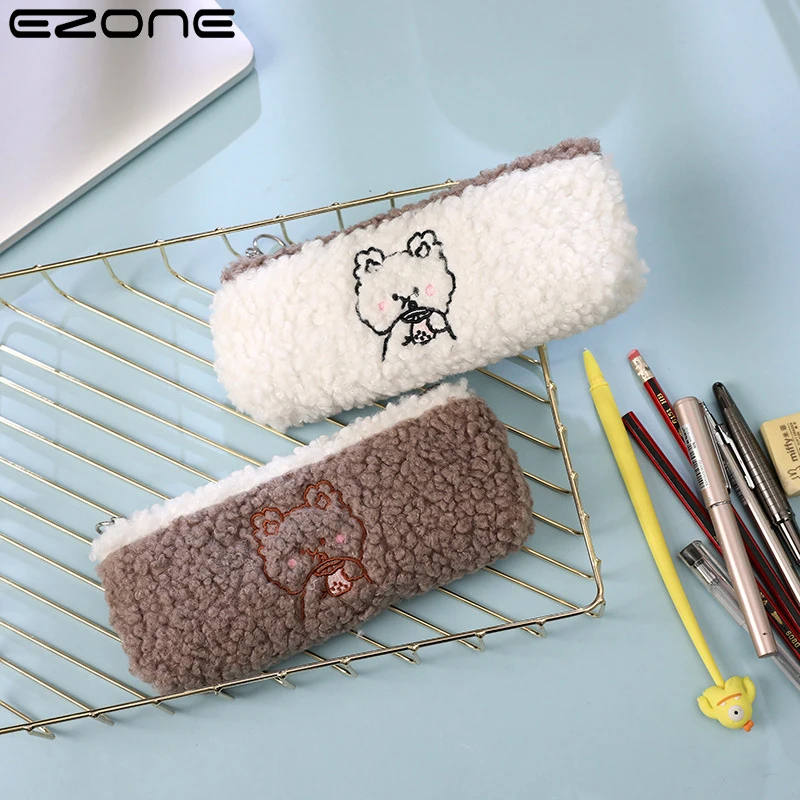 

EZONE Lambswool Pencil Case Kawai Pen Bag Cosmetic Make Up Organizer Student Stationery for School Plush Personality Bag Gift