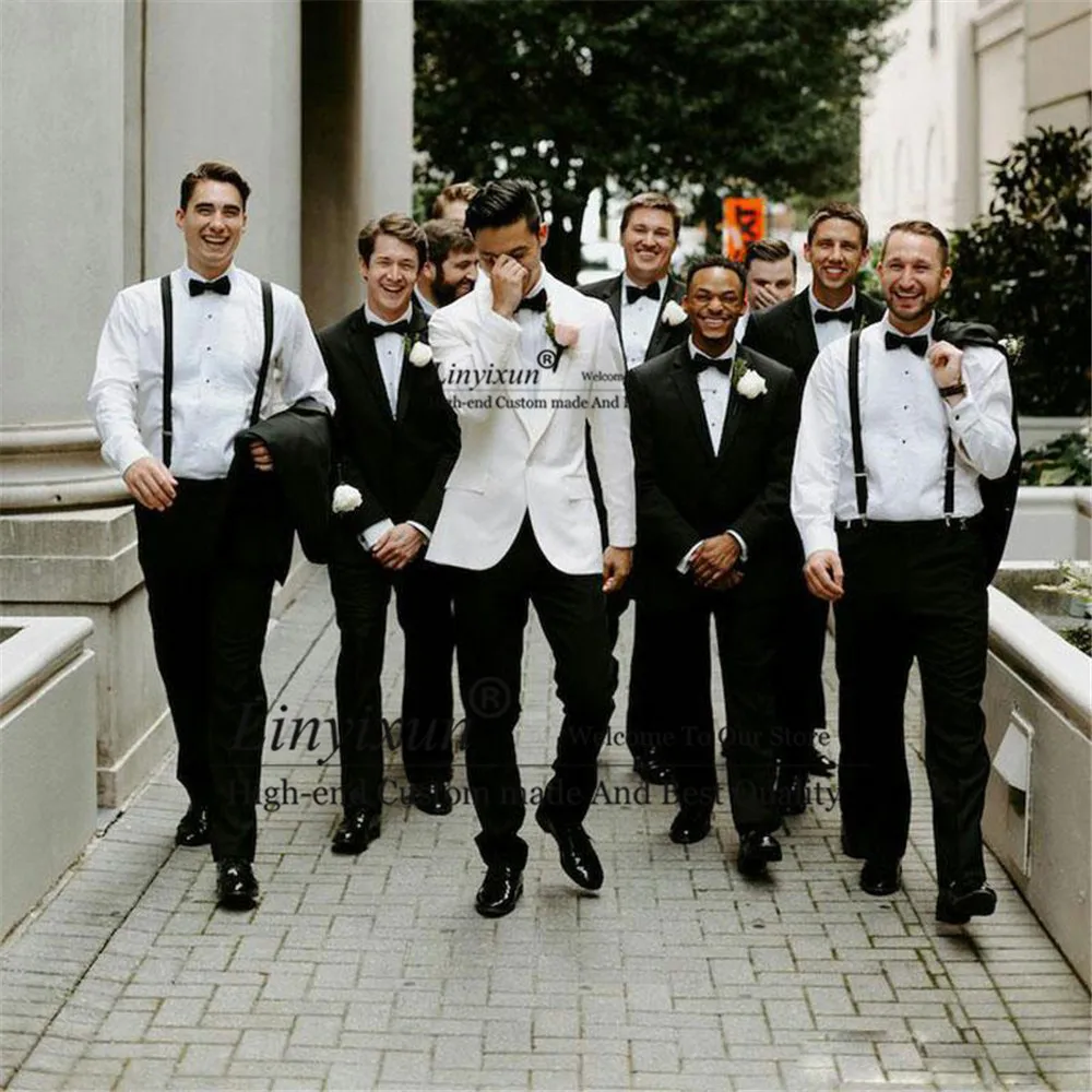 

White Shawl Lapel Men Suits for Wedding Groom Tuxedo Black Groomsmen Outfit Prom Party Blazer Best Man 2 Piece(Jacket+Pants)