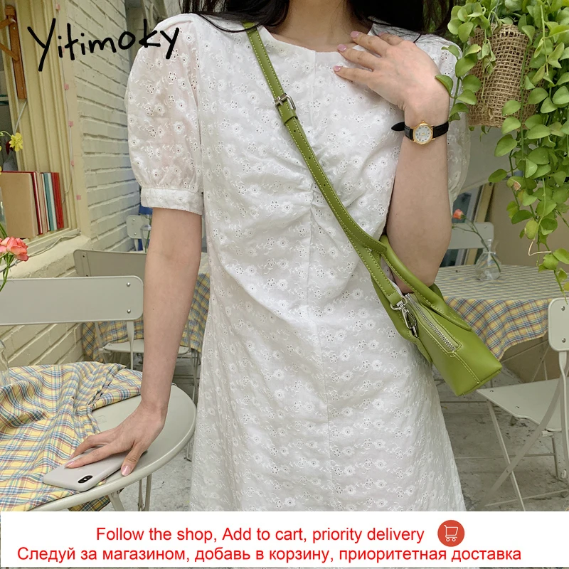 

Yitimoky Vintage Woman Dress O-Neck Puff Sleeve 2021 Summer Fashion Korean Ruched High Waist Simple White Casual Short Dresses