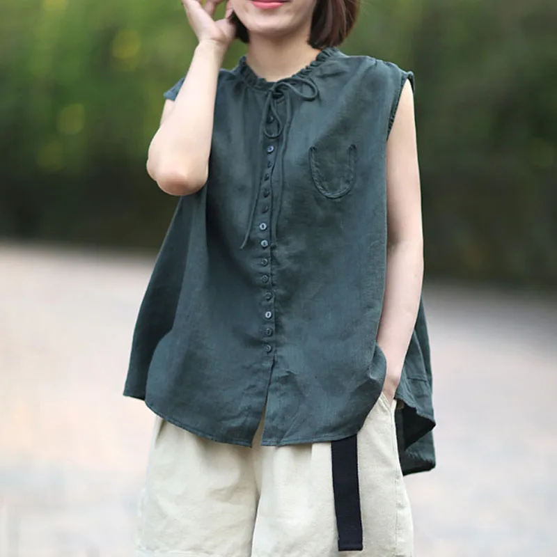 Однотонная зеленая рубашка с оборками на воротнике льняная Женский Свободный