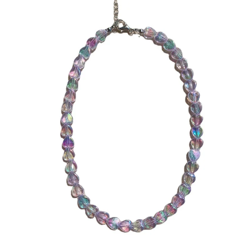 

Korean Fashion Girl Colorful Acrylic Heart-shaped Beaded Necklace Temperament Clavicle Chain Female