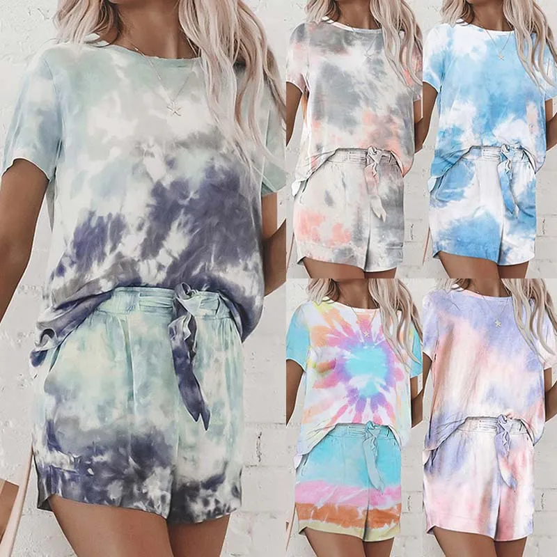 

Пижамный комплект Tie Dye, летняя Домашняя одежда, пижамы для женщин, тонкая дышащая Домашняя одежда с коротким рукавом, модная уличная Женская...