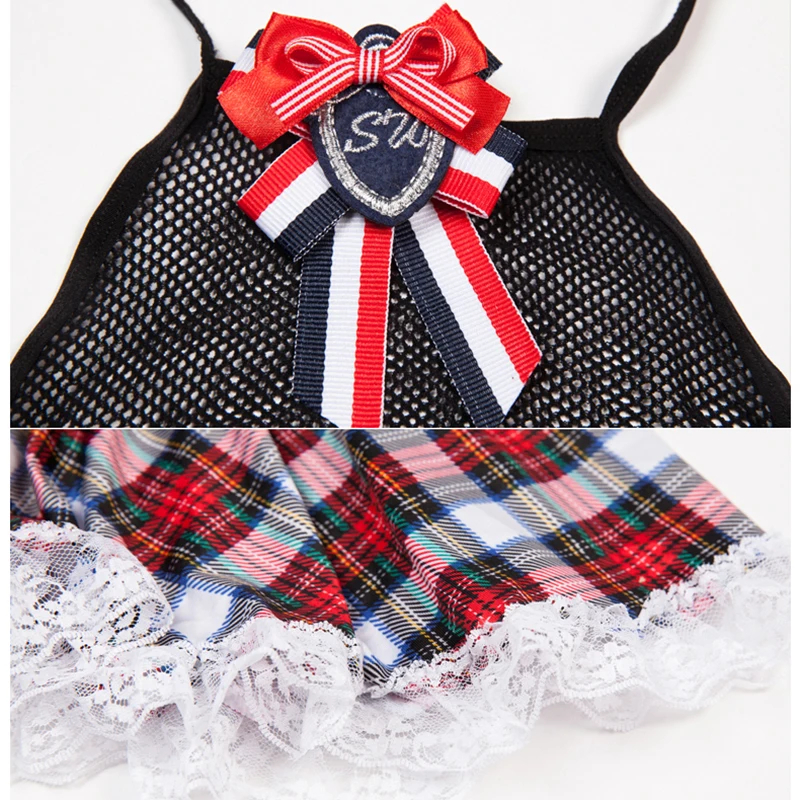 

JSY Sexy School Girl Cosplay Costume Lace Plaid Tops Mini Skirt Fishnet Bodystocking Women Student Schoolgirl Halloween Outfits