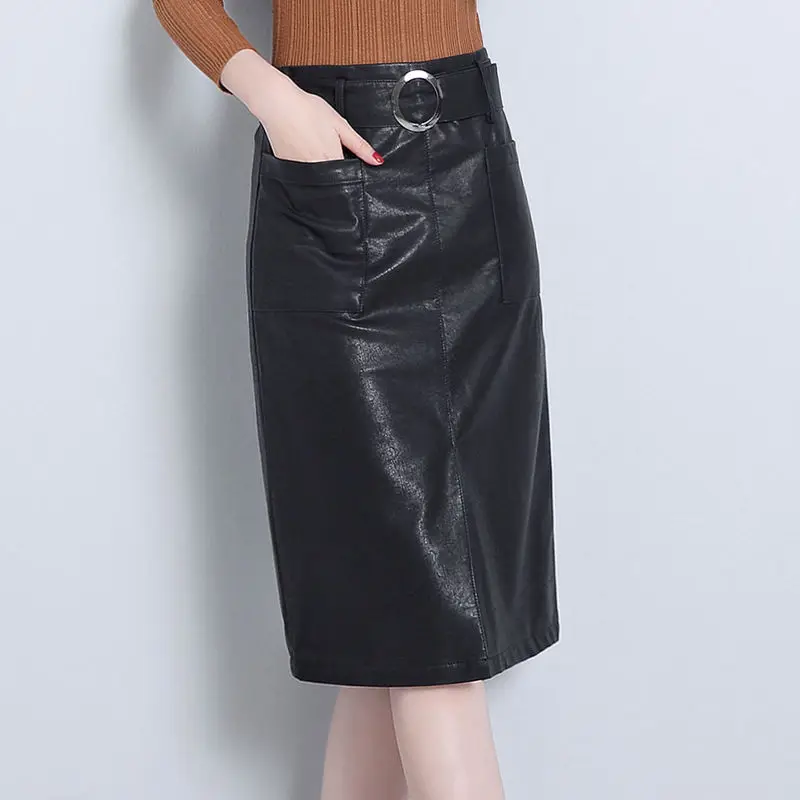 

New Sexy Sashes Women PU Leather Sheath Midi Skirts Female Package Hip High Waist Knee-Length Wrap Split Skirts with Pocket T220