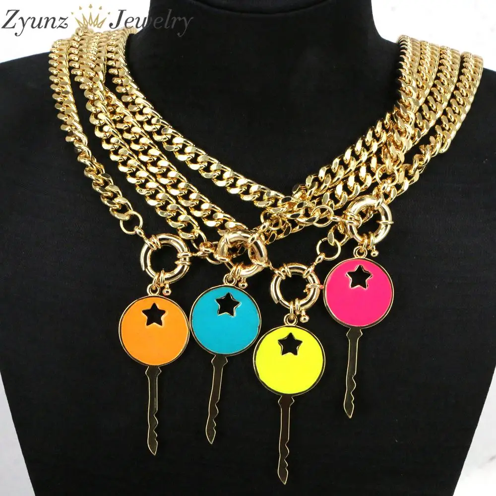 

5PCS, Neon Enamel Key Pendant Necklace Minimalist Geometric Metal Copper Collares Mujer 2021 Collares Jewelry Gift