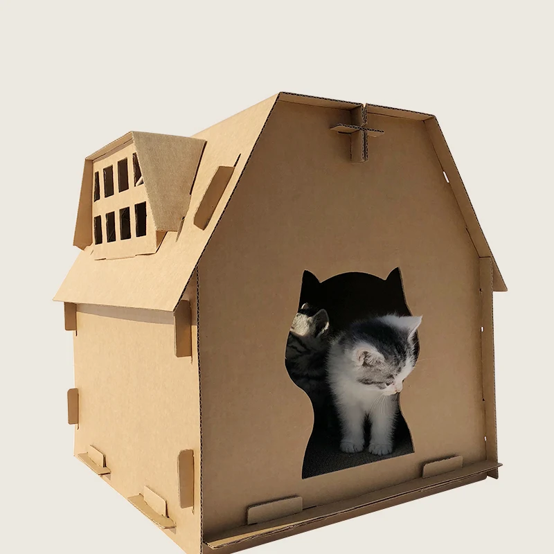 DIY картонная коробка Кошкин дом имеет небольшие инструменты для окон скретч