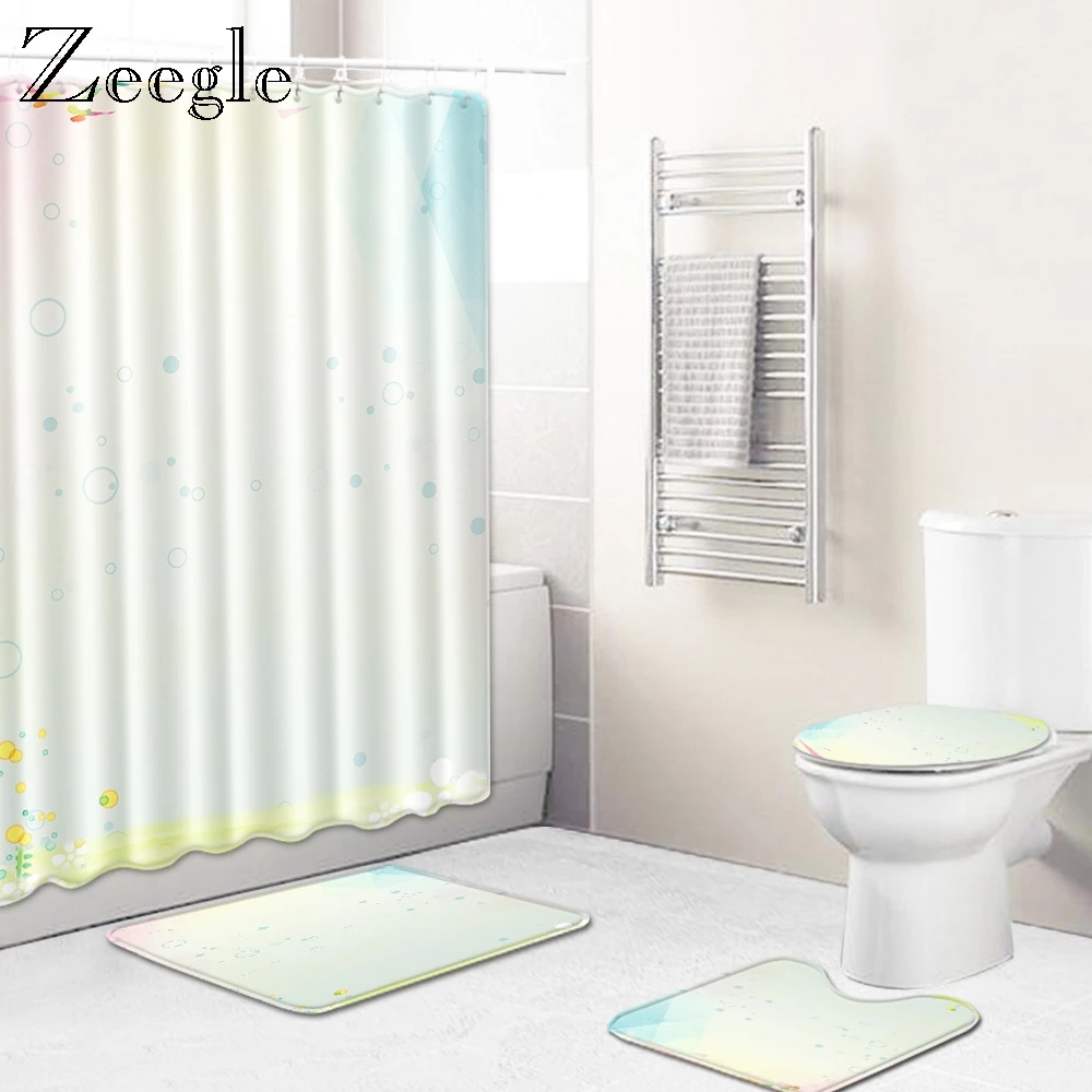 Zeegle 4Pcs Bath Mat Set Toilet Seat Cover Shower Room Doormat Modern Area Soft Rug Anti Slip Carpet Waterproof Curtain | Дом и сад