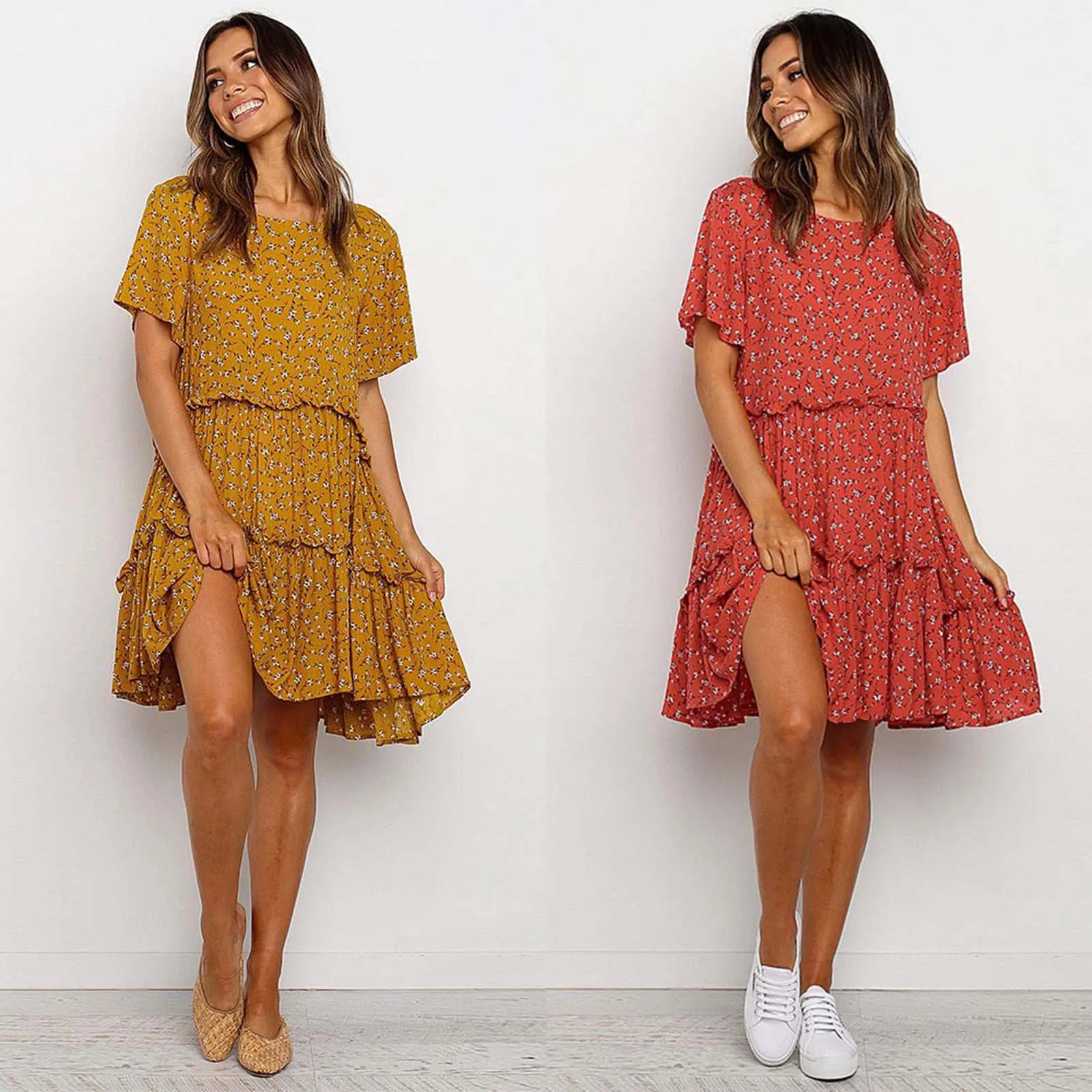 

Women's New Round Neck Loose Short Sleeve Floral Print A-line Dress Summer Hem Two-layer Ruffle Knee Length Dress