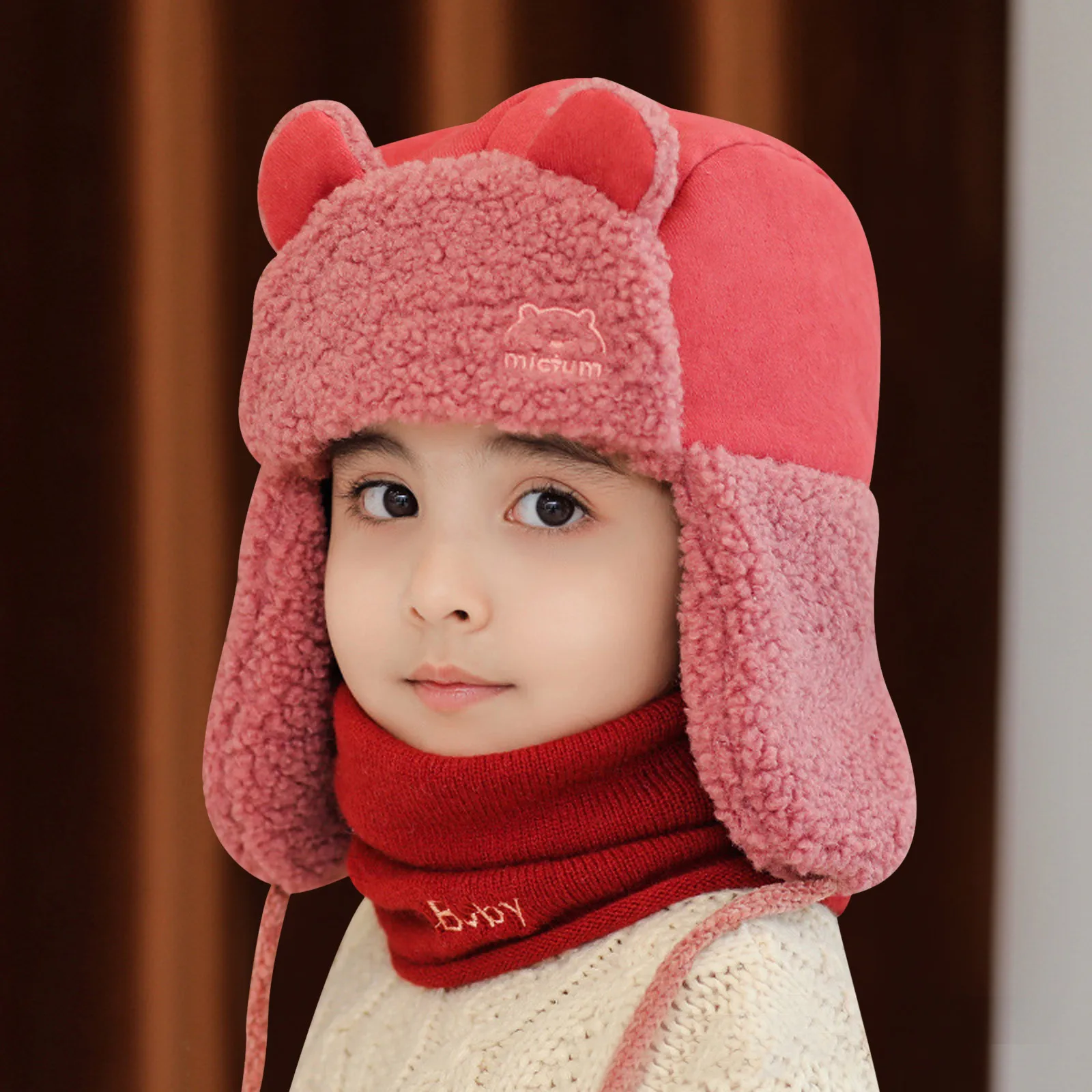 

Children Kids Windproof Warm Fleece Earflaps Protection Solid Hat+Scarf Sets