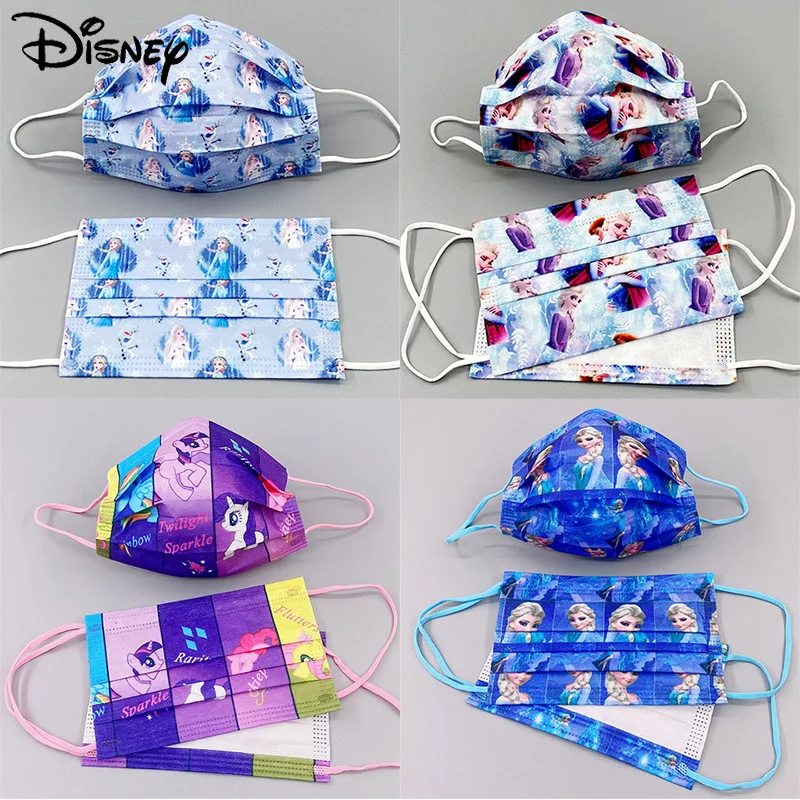 

Disney Children Cartoon Face Mask Disposable Purple Cute Elsa Princess Pattern Face Shield 3-Layer Dustproof Breathable Covers