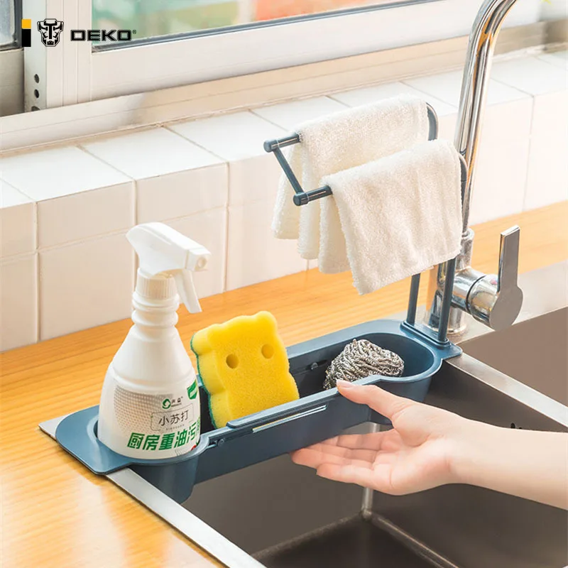 

DEKO Kitchen Sink Shelf Adjustable Cleaning Cloth Organizer Dry Quickly Cleaning Holder Telescopic Sink Rack Basket Kitchen Tool