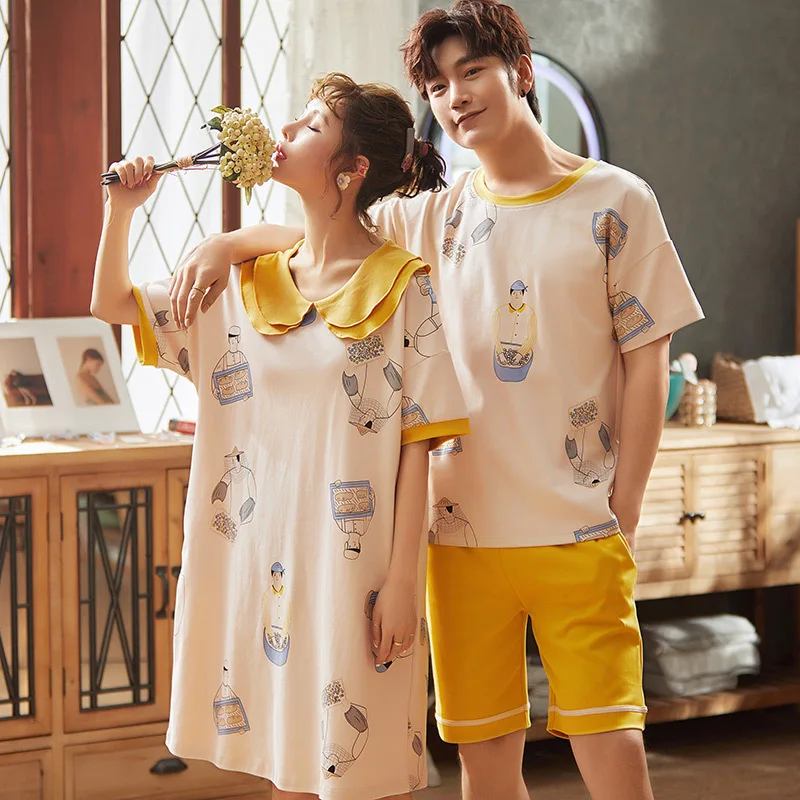 

2020 Cute Cartoon Cotton Couple Pyjamas Pjs Women Men Sets Printing Indoor Clothing Home Pajamas Shorts Woman Pijama Mujer Femme