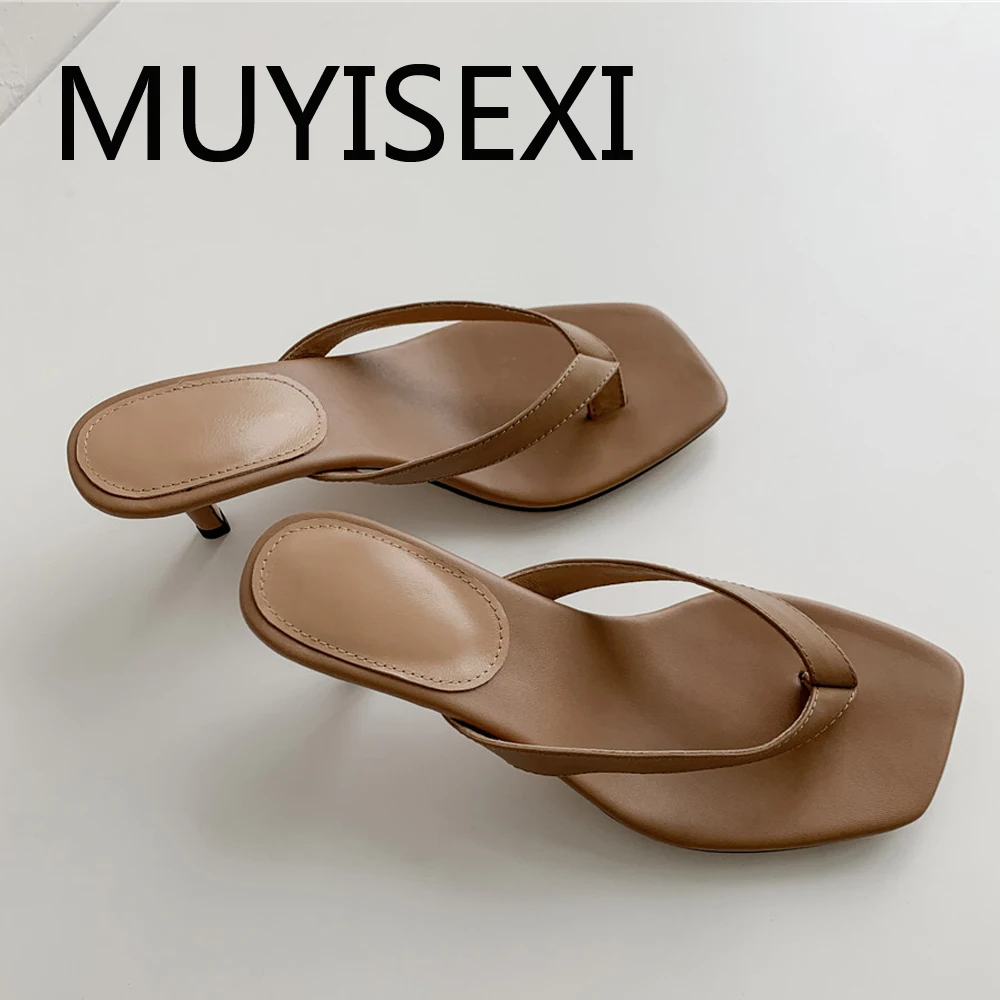 Новое поступление Женские шлепанцы из натуральной кожи на высоком каблуке 5 см