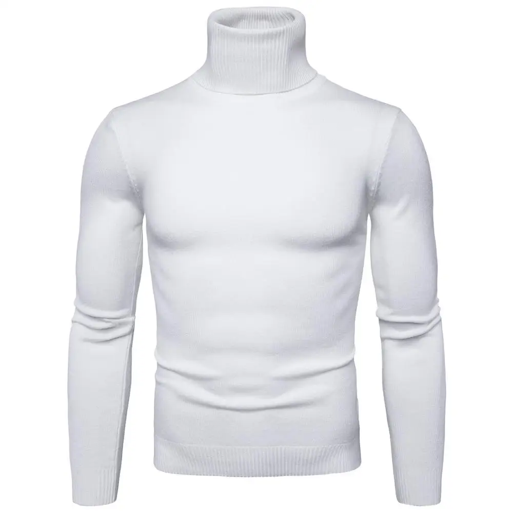 

Long Sleeve Sweater Man Style Slim Knitted White High Neck Sweaters