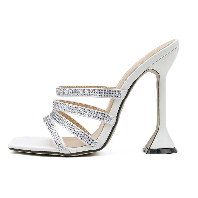 

Sexy High Heels Women Slippers Square Toe Narrow Band Rhinestone Womens Slipper Shoes Fashion Party Wedding Slides Flip Flops