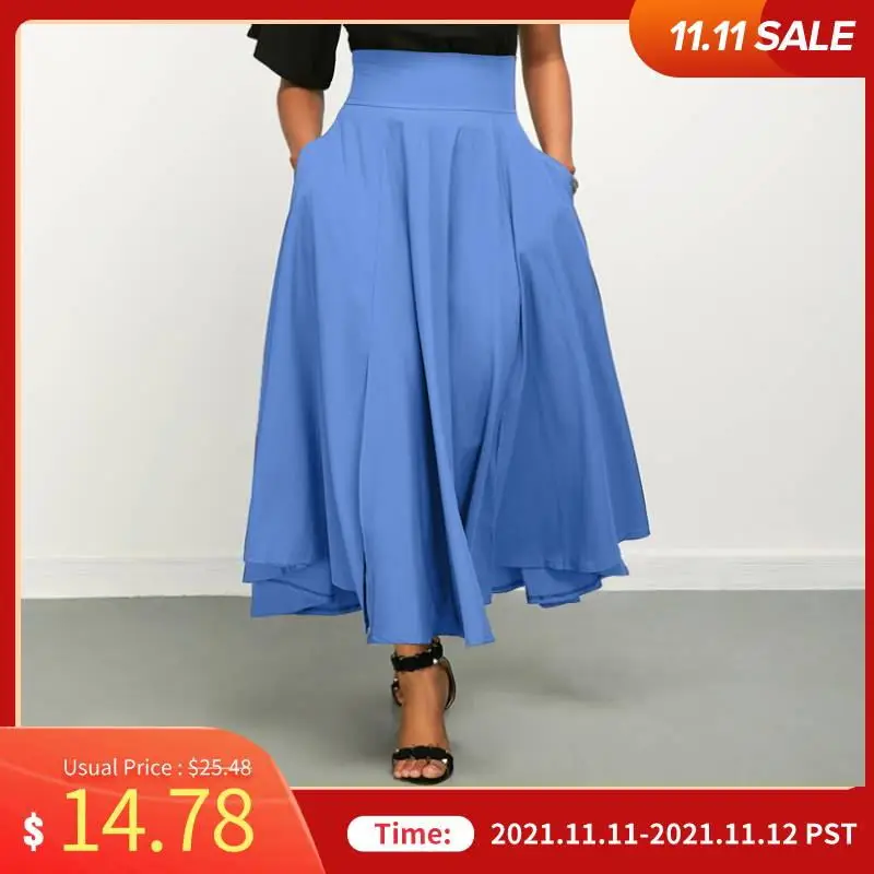 

Denim Skirts With Pockets VONDA Summer Women High Waist Long Skirts Fashion Pleated A-line Skirt Faldas De Mujer Bottoms