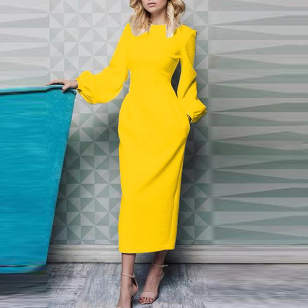 Женское модное однотонное длинное платье с пышными рукавами 2019 Новое