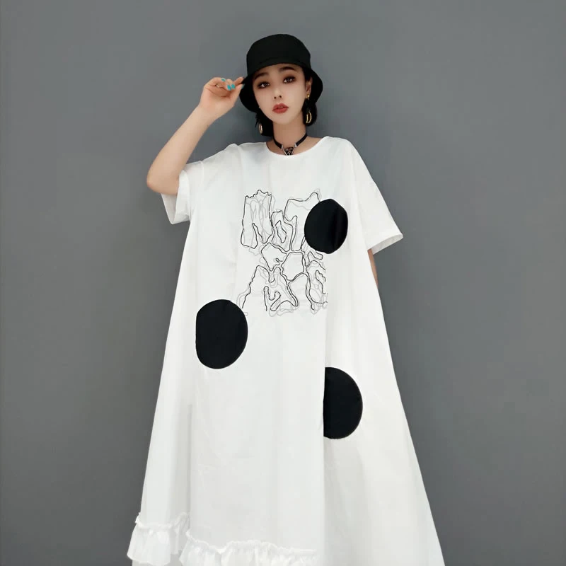 

XITAO New Large Size Dot Print Dress Asymmetrical Ruffle Splicing Hem Summer New Simplicity Temperament A-LINE Women WMD1503