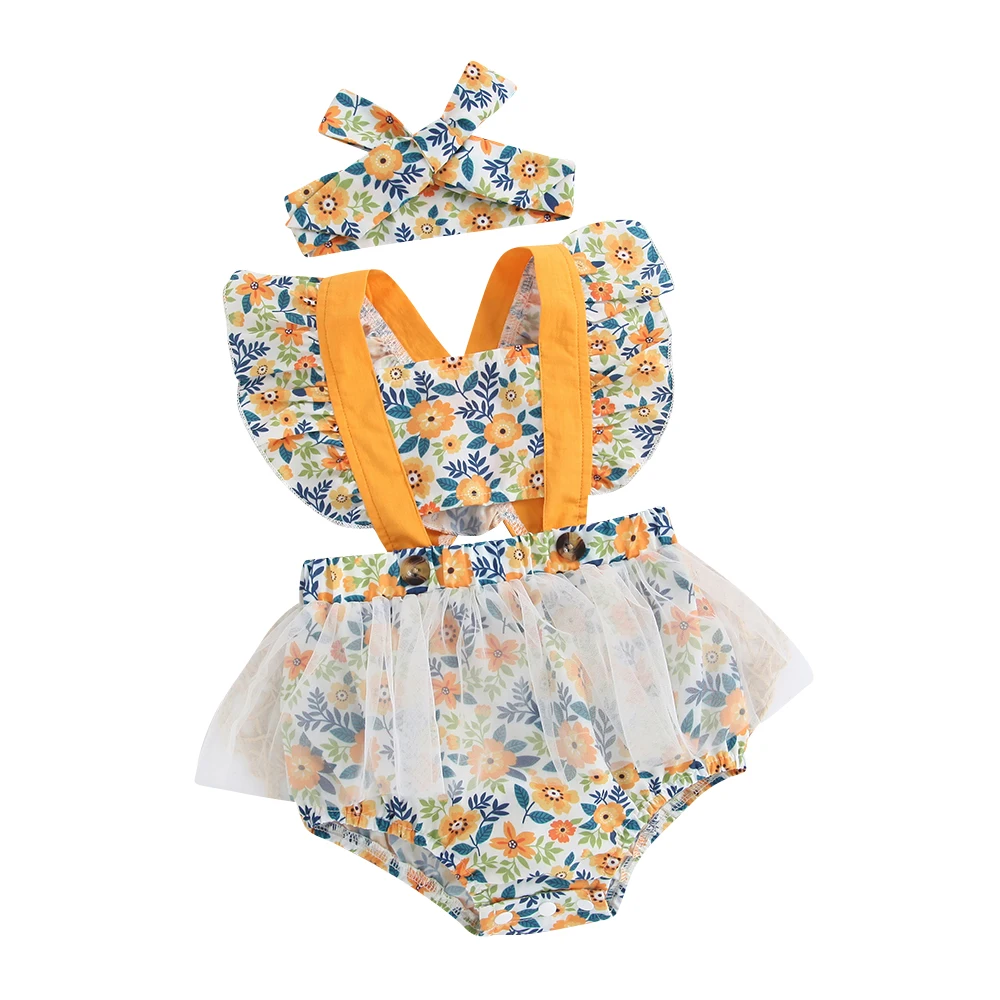 

2Pcs Newborn Baby Girl Clothes Ruffle Backless Floral Romper + Headband Outfit Baby Girl Summer Clothes