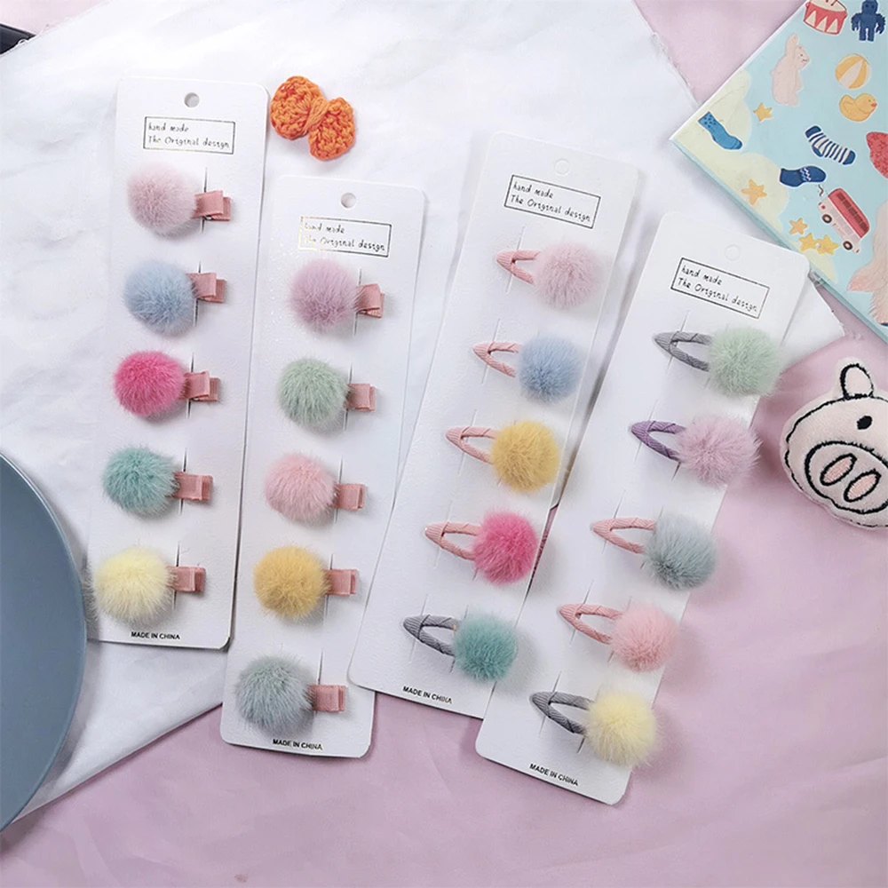 

5PCS SET Girls Hairpins with Small Lovely Soft Fur Pompom Mini Ball Gripper Hairball Pom Hairclips Children Hair Clip 2021 New