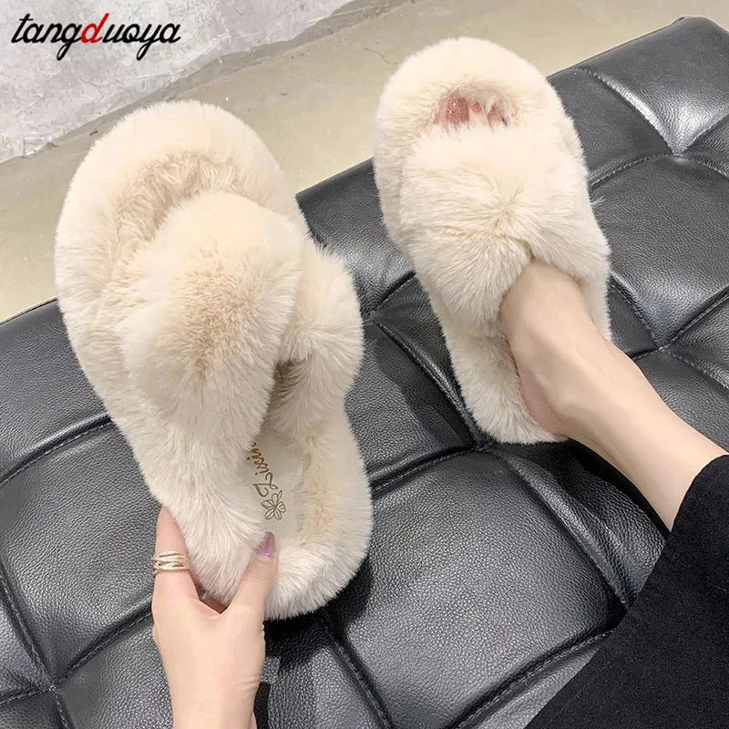Furry Slippers for home Women Ladies Shoes Cute Plush Fox Hair Fluffy Sandals Indoor Fur Slippers Winter Slippers Women size 42