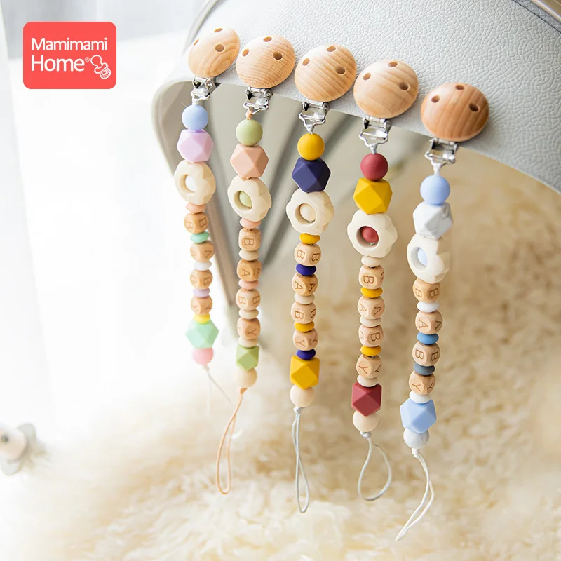 

1pc Baby Teether personalised Name Pacifier Chain BPA Free Wooden Dummy Clip Silicone Bead Nipple Clip Holder Baby Products Gift