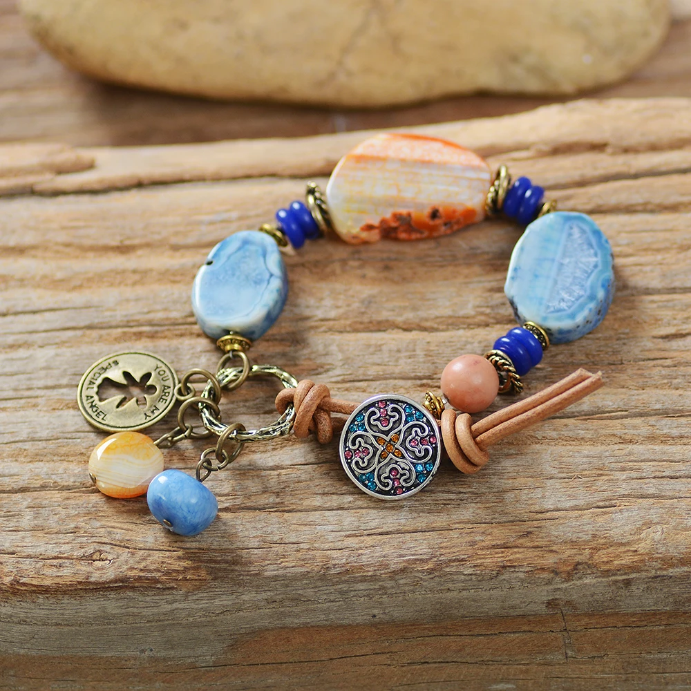 Простой ручной работы натуральный камень бусины браслет с бронзовым Dangal кулон из