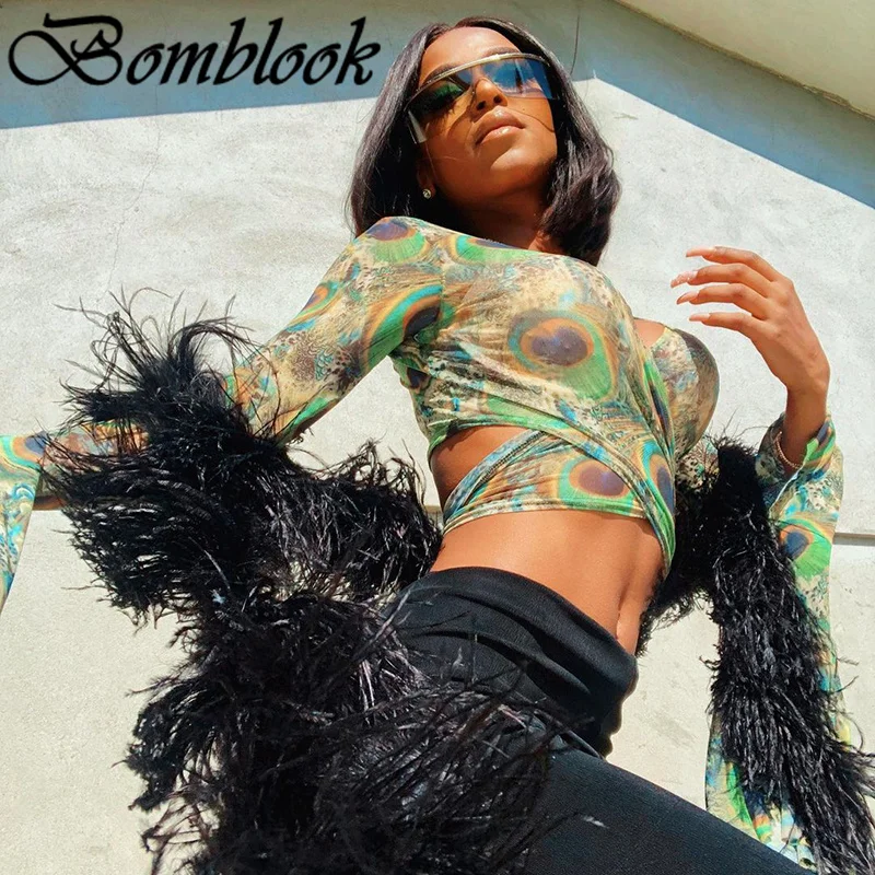 

Bomblook Beach Leisure Vacation Summer Clothes For Women 2021 Print Mesh Lace Up Y2K Crop Top Female Sexy Streetwears