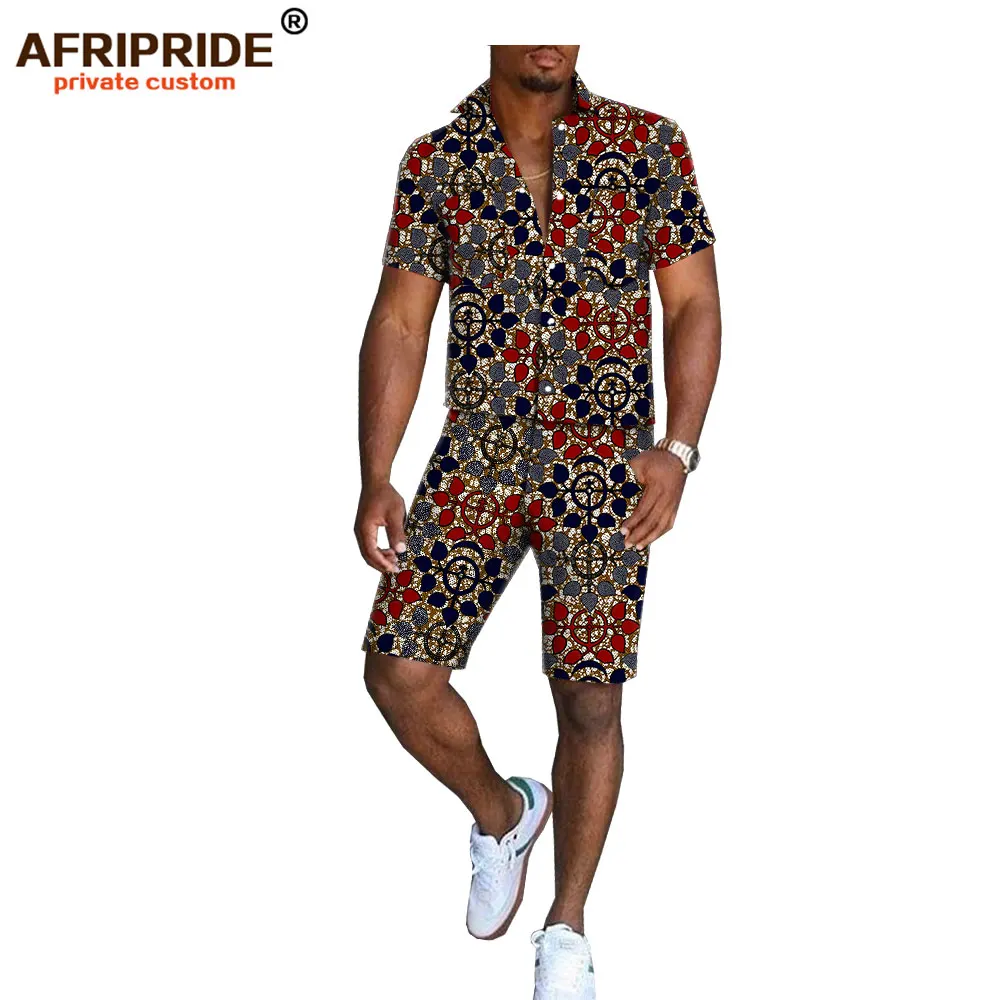 Африканский принт, летние шорты, набор для мужчин, AFRIPRIDE, короткий рукав, однобортный Топ+ шорты до колен, повседневный комплект A1816006 - Цвет: 538